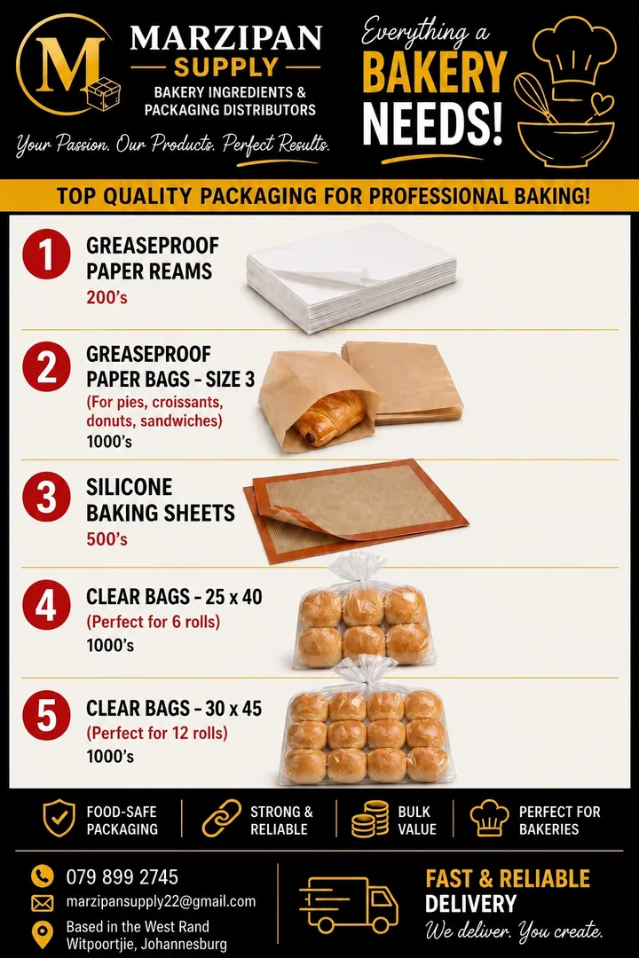 Marzipan Supply bakery packaging poster showing greaseproof paper, bags and baking sheets