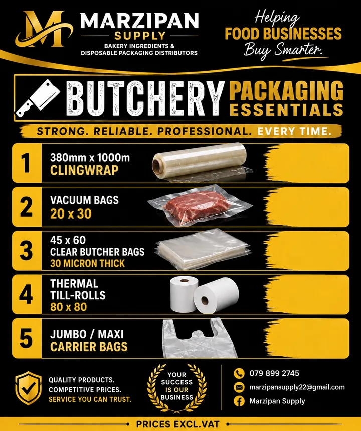 Marzipan Supply butchery packaging poster showing cling wrap, vacuum bags, butcher bags and till rolls