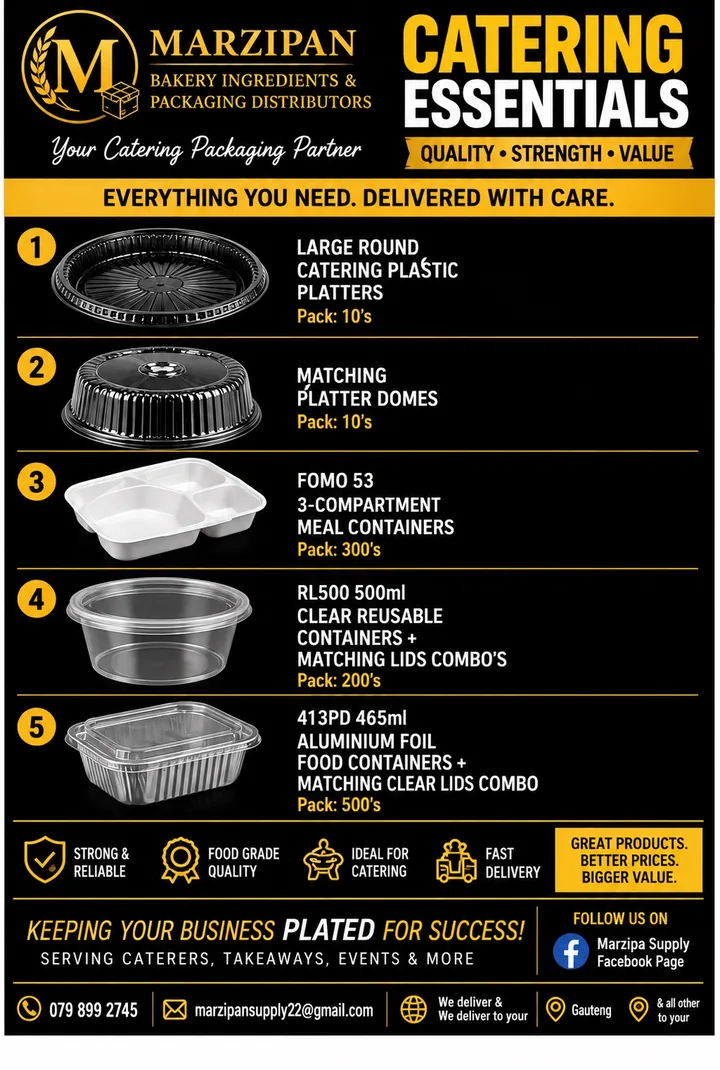 Marzipan Supply catering essentials poster showing platters, meal containers and foil trays