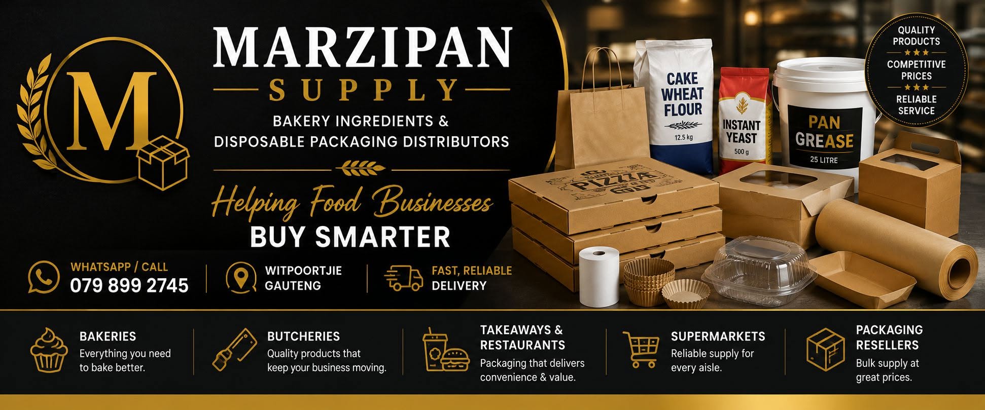 Marzipan Supply branding with bakery ingredients and food packaging products