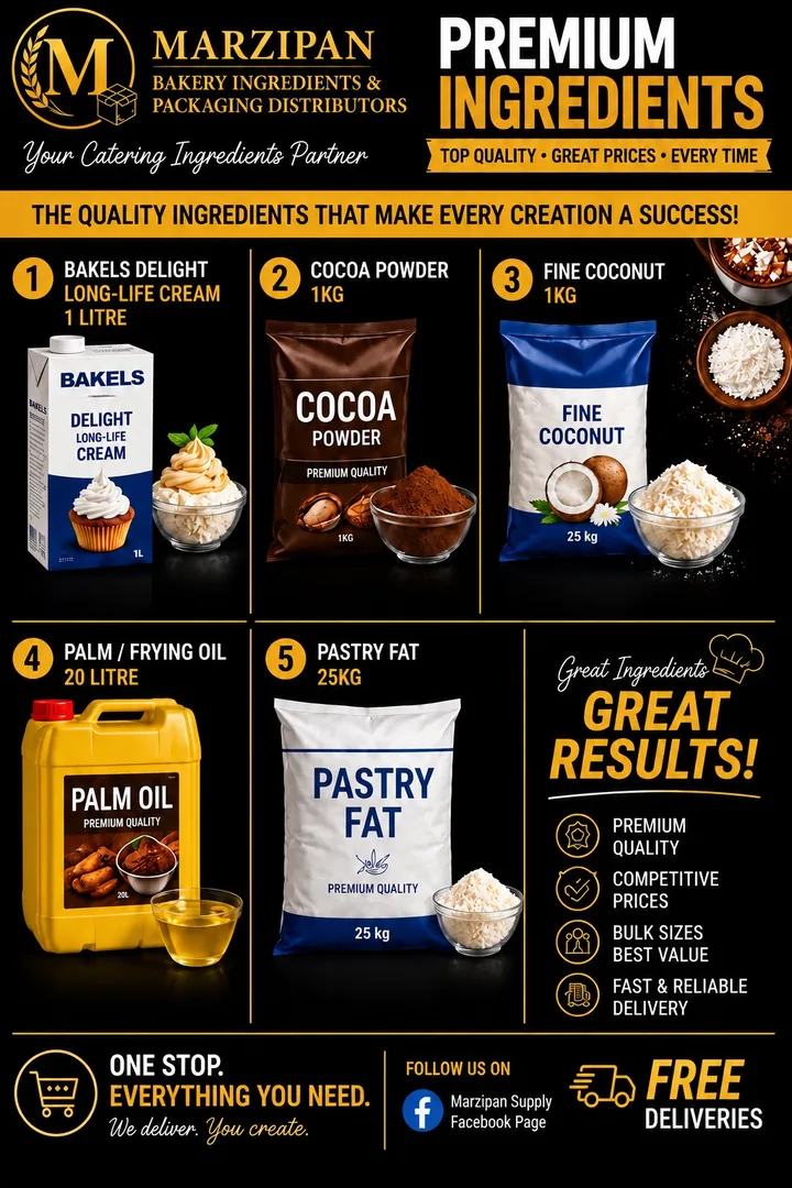 Marzipan Supply premium ingredients poster showing long-life cream, cocoa powder, coconut, oil and pastry fat
